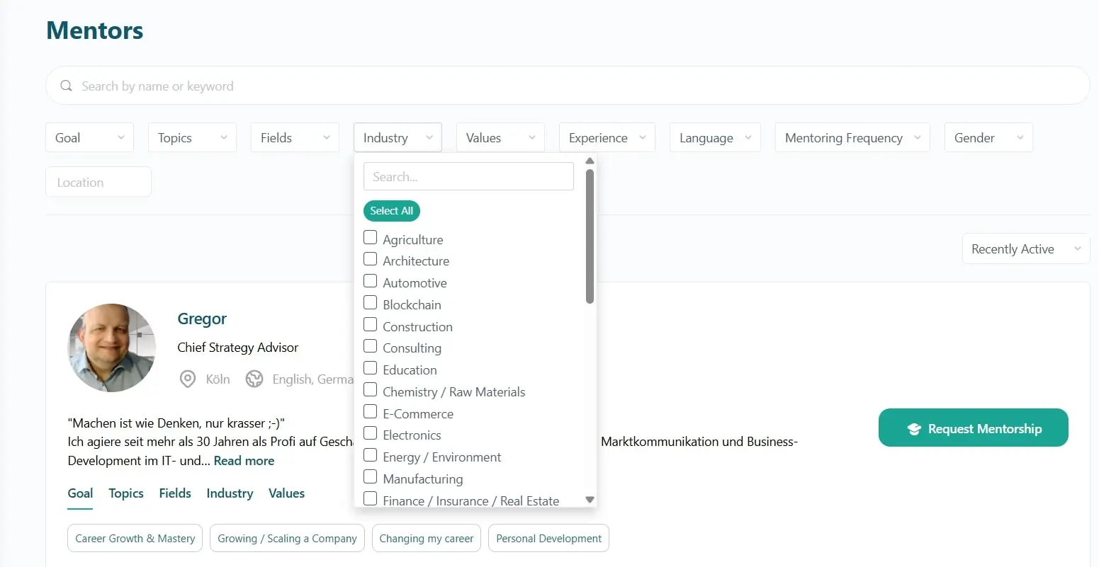 Find mentors matching your preferences.
